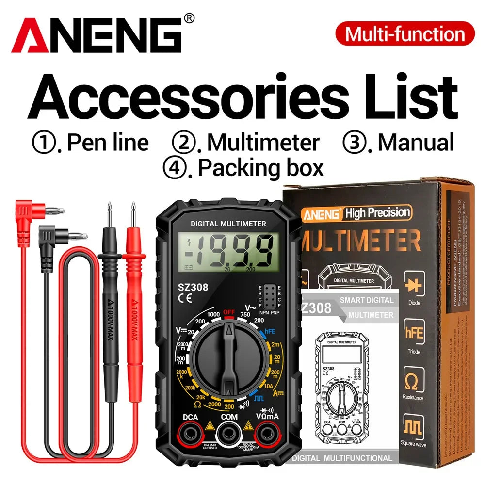 Digital Multimeter with Square Wave Generator - AC/DC Voltage & Current, Resistance, Diode, LCD Backlight