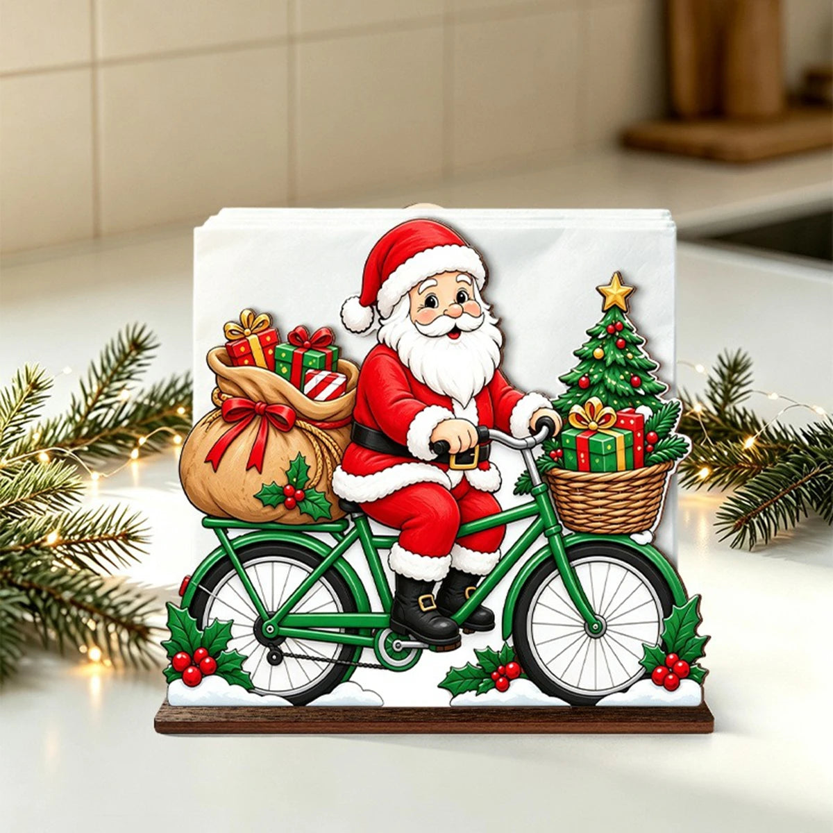 Santa Claus Wooden Napkin Holder - Holiday Tabletop Napkin & Tissue Holder, Christmas Dining Decor