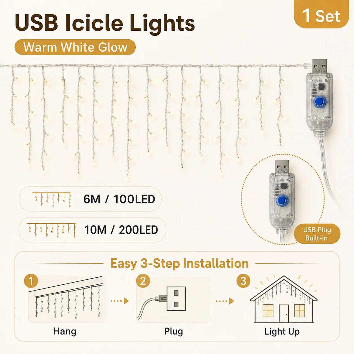 USB LED Icicle Curtain String Lights — 6M (19.7 ft) 100 LED & 10M (32.8 ft) 200 LED, 8 Modes for Window, Porch, Roof, Holiday & Halloween Christmas Decor