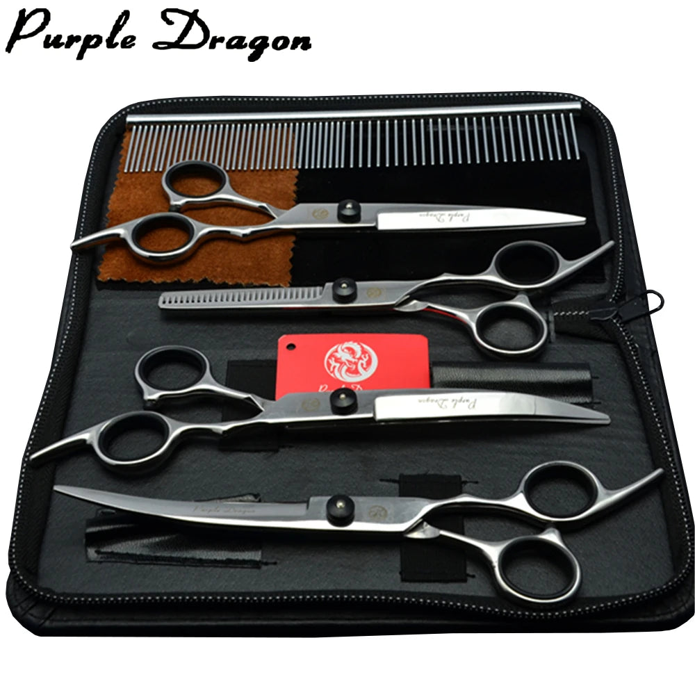 Professional Dog Grooming Scissors Set - 6" (15.2 cm) & 7" (17.8 cm) Stainless Steel Thinning & Curved Pet Shears