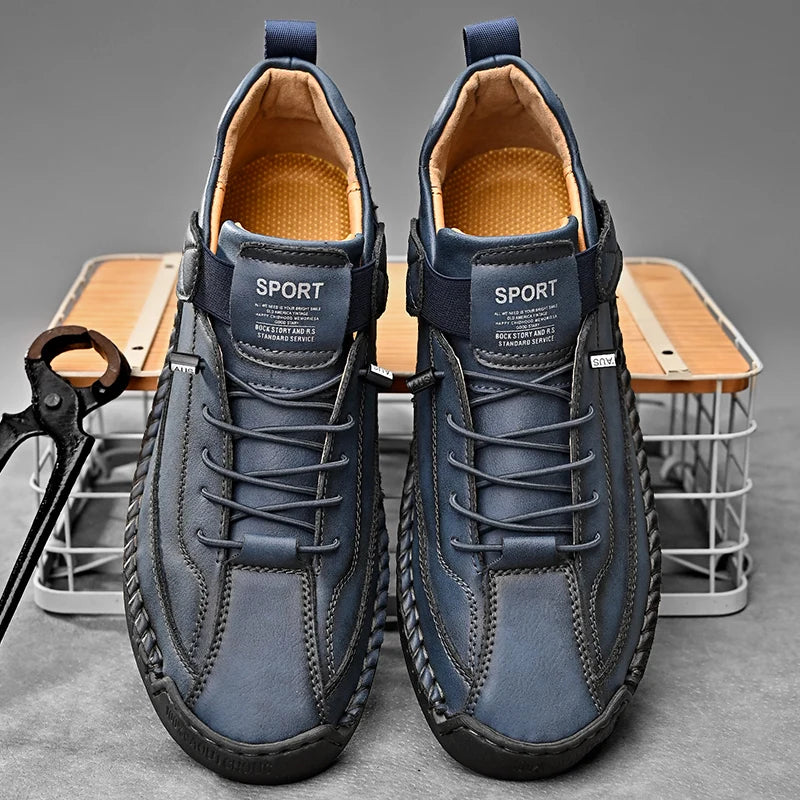 Handmade Men's PU Leather Slip-On Loafers Breathable Casual Moccasins Rubber Outsole Plus Sizes