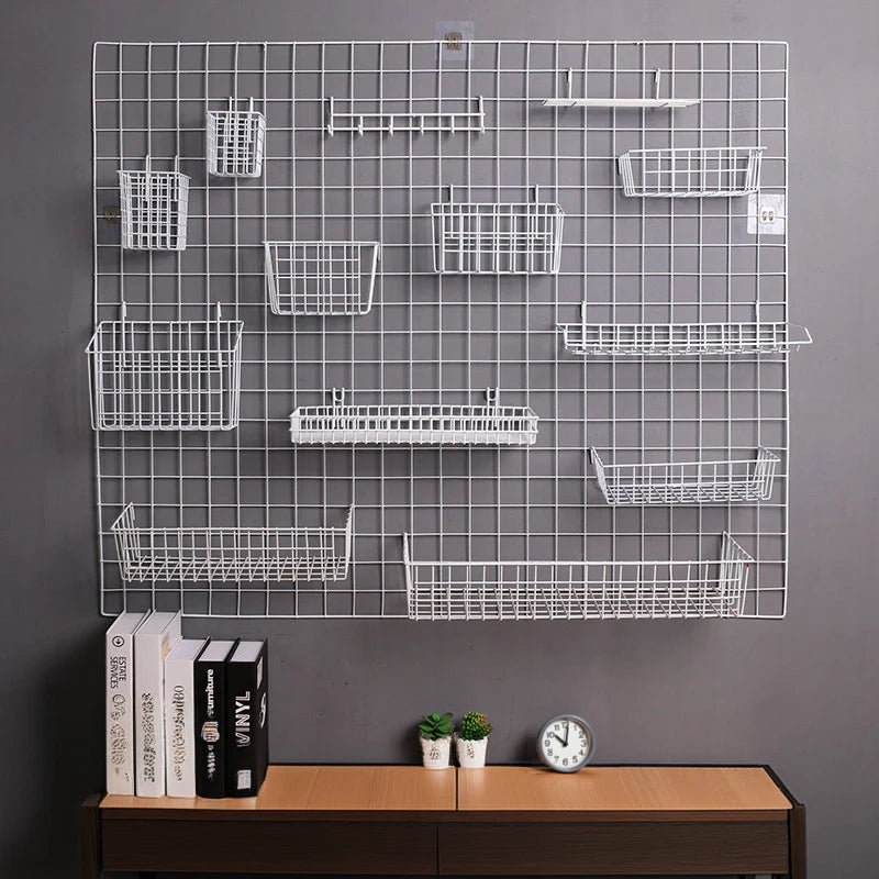 Wall Mounted Wire Grid Organizer with Removable Baskets, Hooks and Shelves, Iron Mesh Storage Panel