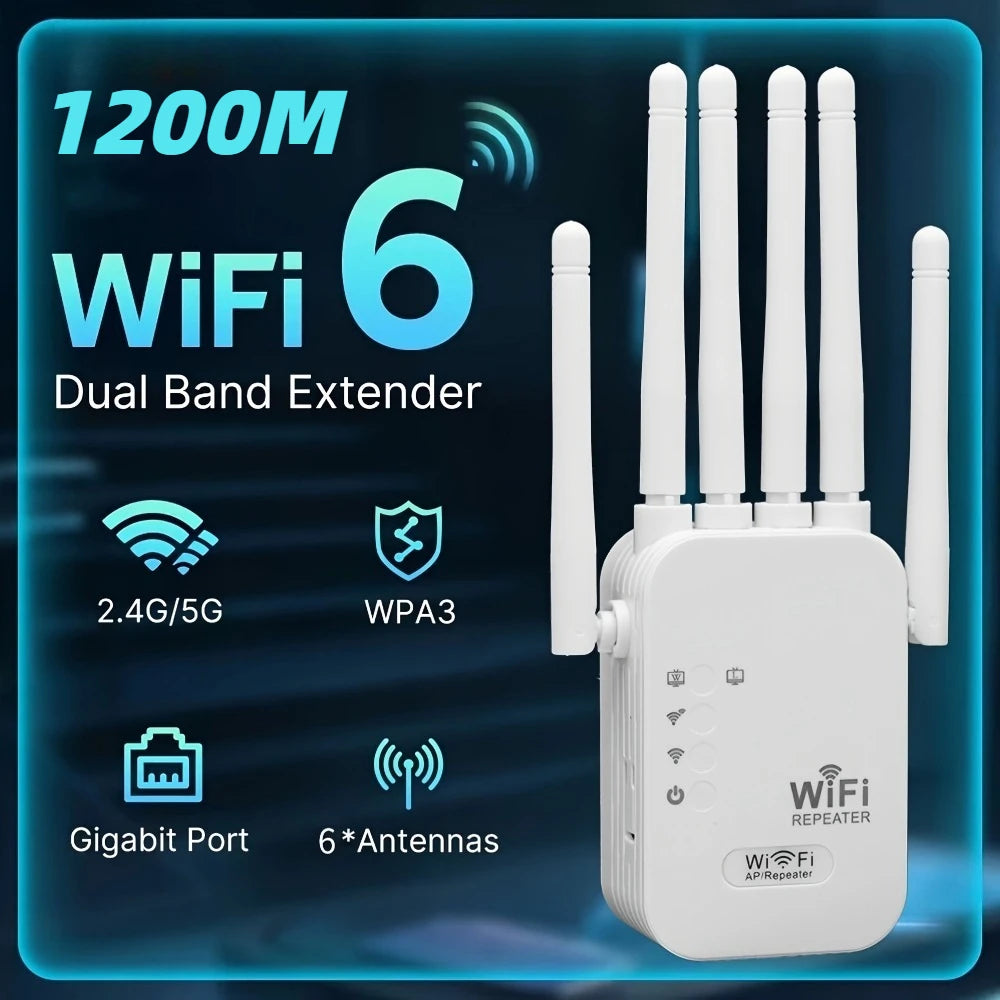 Dual Band 1200Mbps WiFi Range Extender (2.4GHz/5GHz) – 6‑Antenna Long Range Repeater with AP/Router Modes, EU/US Plug