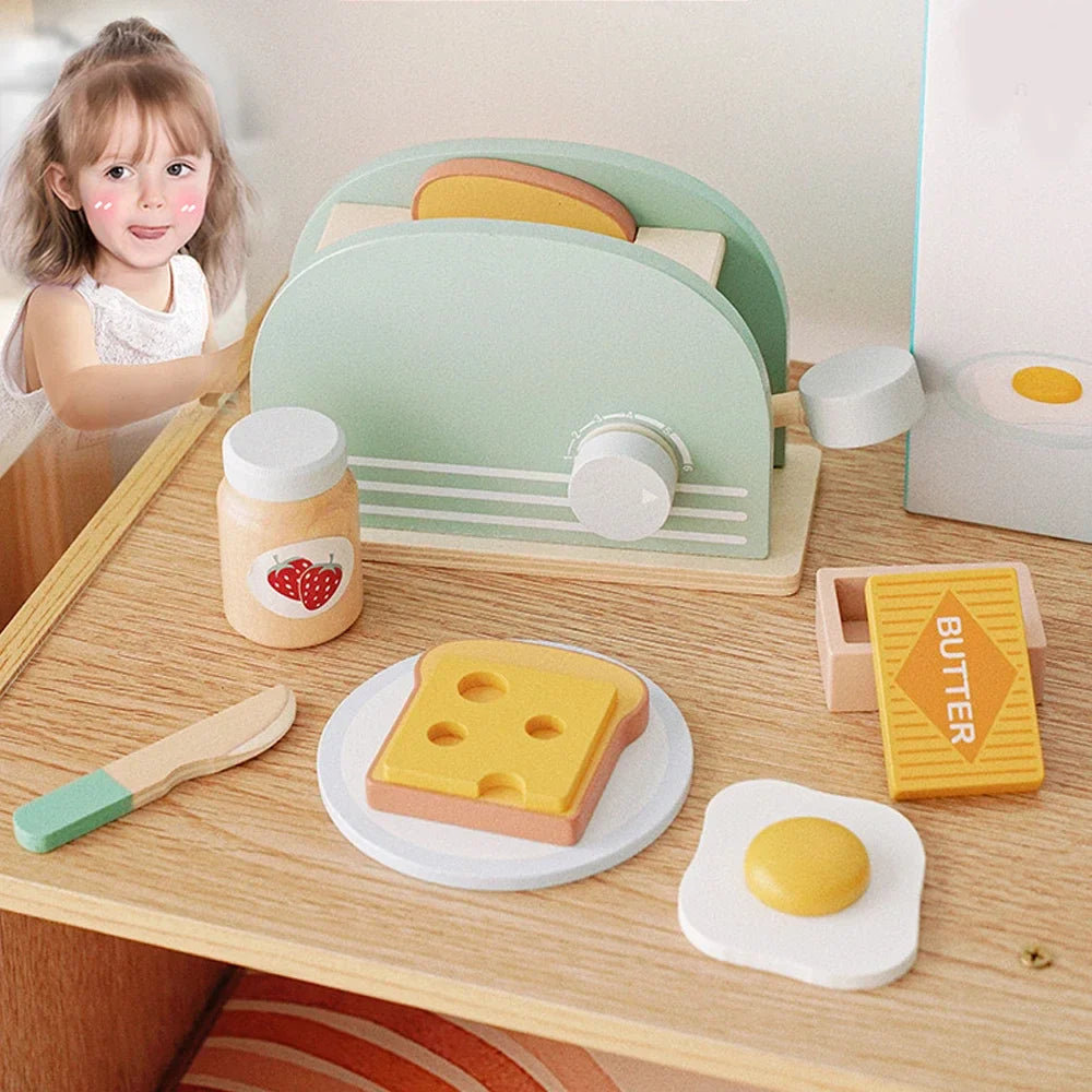 Wooden Toy Toaster Play Kitchen Set – Pretend Bread Machine Kit for Kids, Educational Breakfast Playset, Gift for Boys & Girls