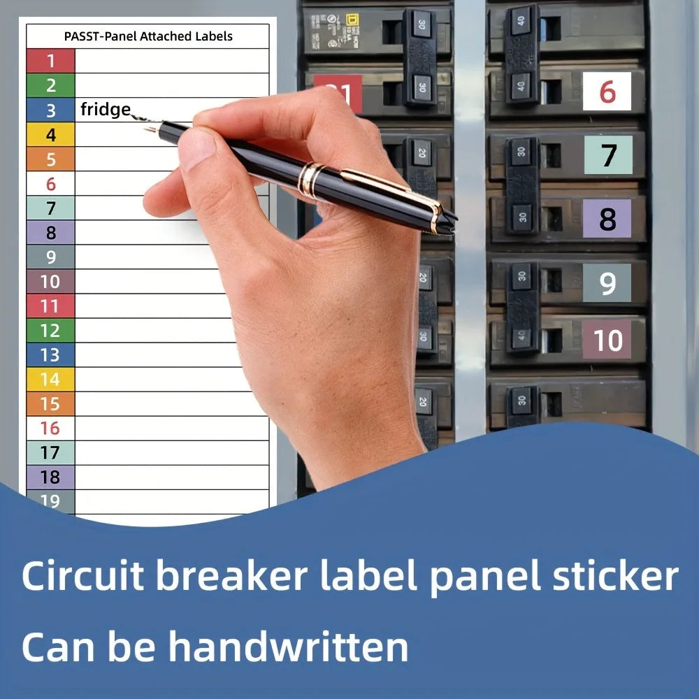 Circuit Breaker Label Kit with Marking Panel — Handwritten Electrical Panel Stickers (1–10, N, T, R, S)