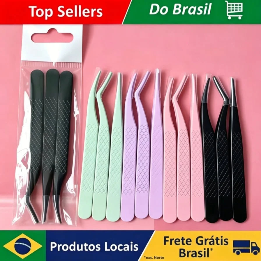 3-Pack Professional Titanium Eyelash Tweezers Set, Curved Head False Eyelash Clamp & Fiber Tip Curler