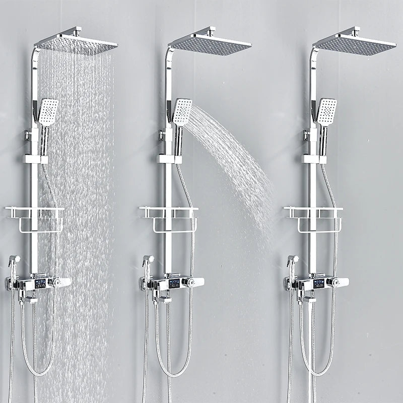 Black Thermostatic Shower Mixer with Digital Display, 4-Way Valve, 8-Inch (20 cm) Rainfall Head & Shelf