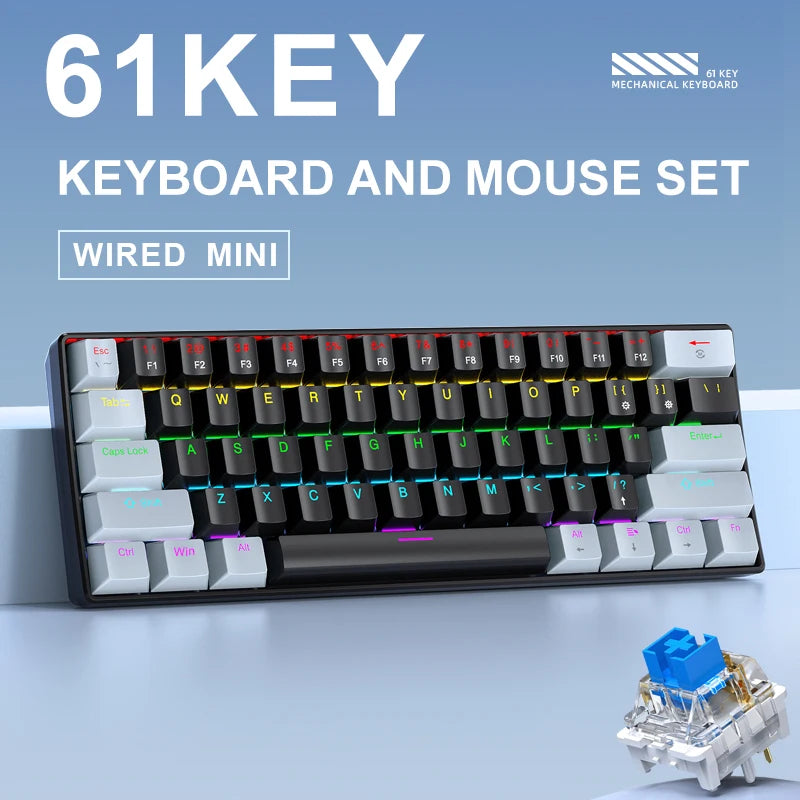 61-Key 60% Mini Mechanical Keyboard - Wired USB-C, Hot-Swappable RGB, Blue/Red Switches, Compact Portable