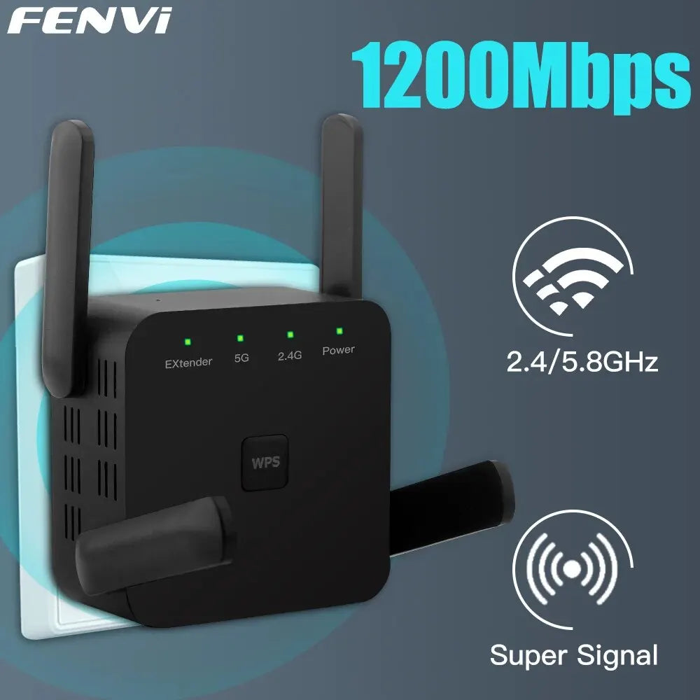 AC1200 Dual-Band WiFi Range Extender 1200Mbps Long-Range Repeater with Ethernet Port - Black