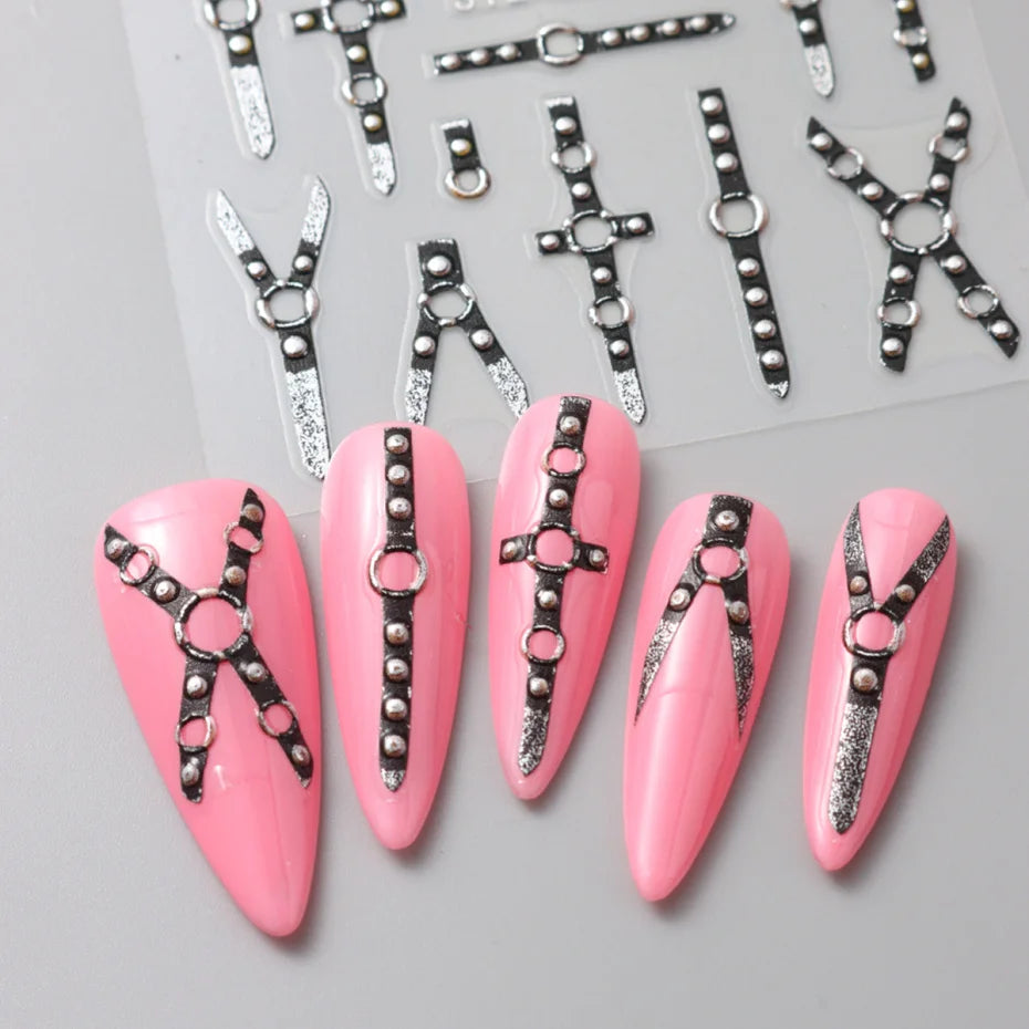 5D Gothic Punk Nail Stickers - Embossed Black Stripe Bandage Glitter Nail Decals (6×8 cm | 2.4×3.1 in)