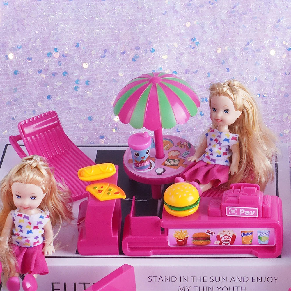Mini Fashion Doll Playset for Kids with Pet Dog & Convertible Car — Dollhouse Kitchen & Seaside Restaurant Accessories