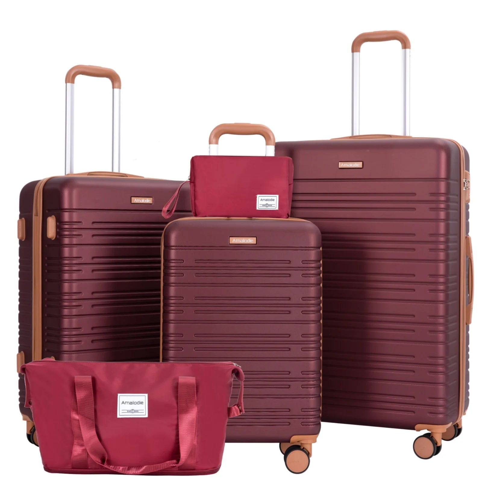 FanzyMarket 5-piece hardshell luggage set with 28, 24, 20-inch spinner suitcases, TSA lock, double 360° wheels, duffle, and toiletry bag.