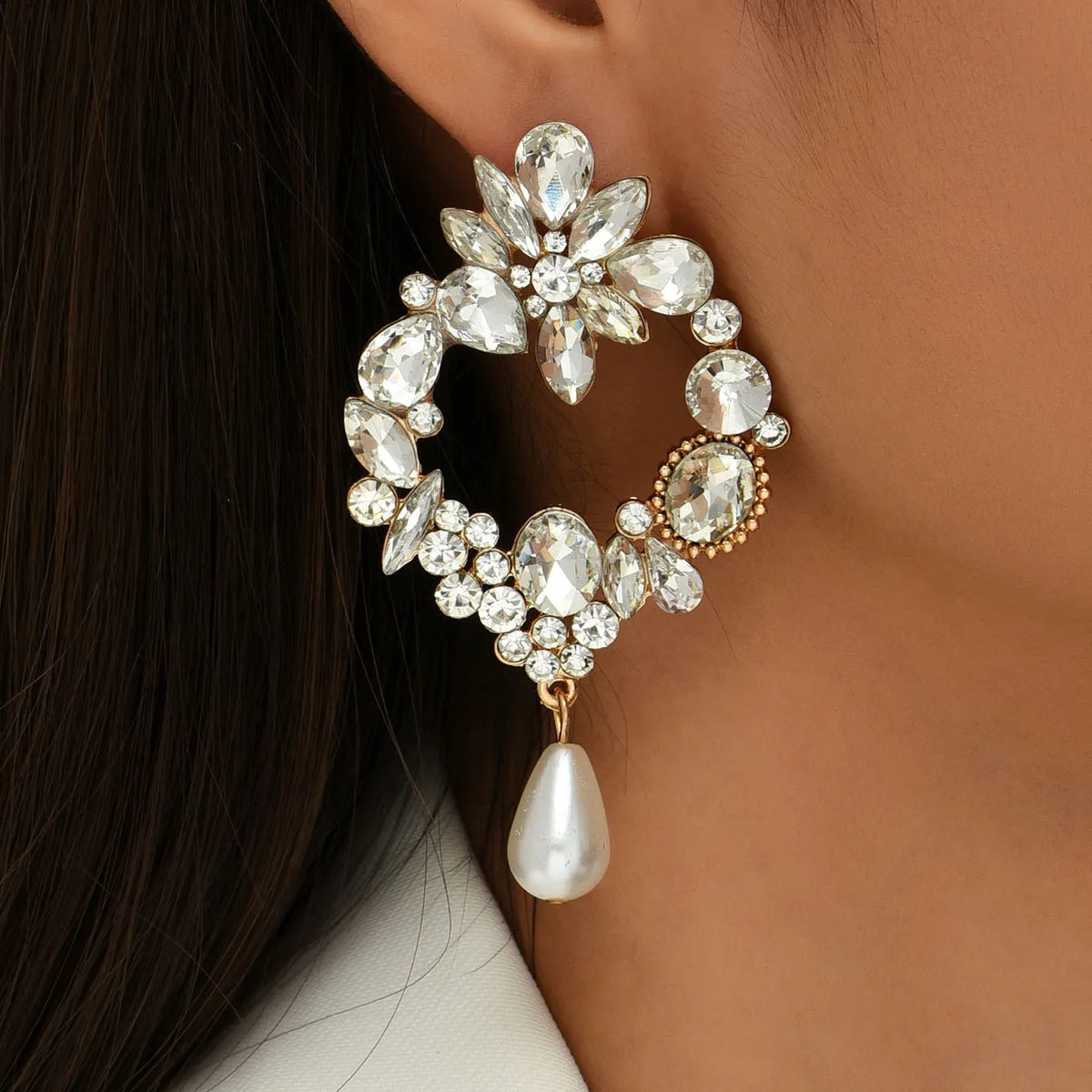 Gold Bridal Drop Earrings with Simulated Pearls & Crystal Rhinestones — 6 cm (2.36 in) Dangle Statement Earrings for Wedding & Bridesmaids