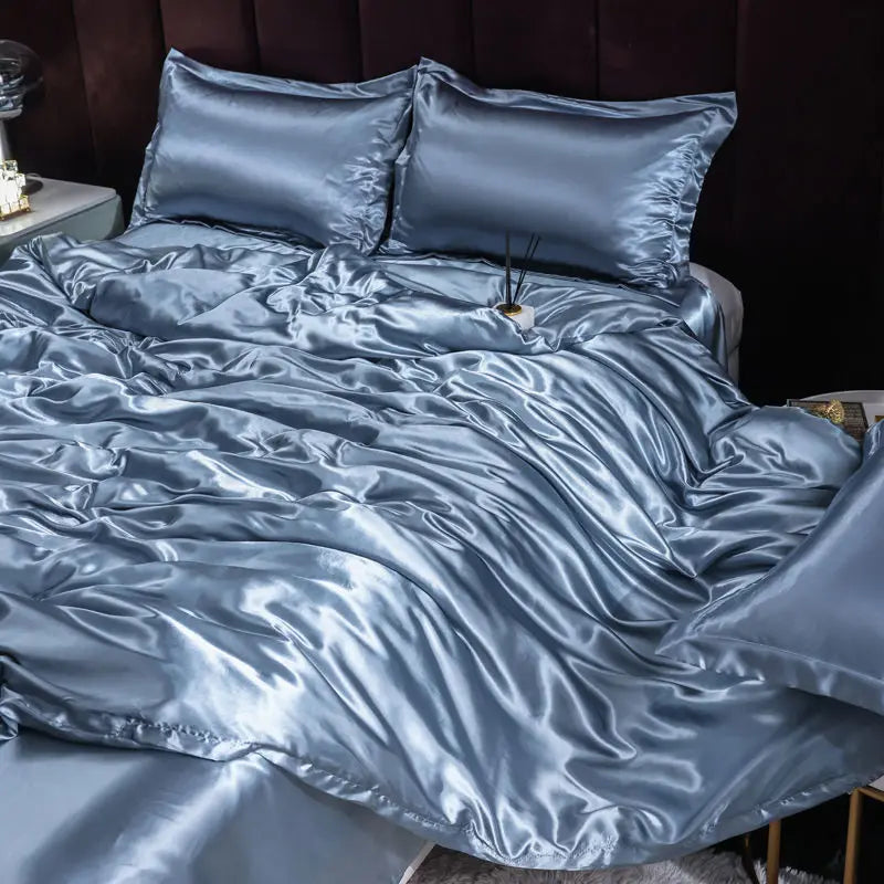 Ice Silk Satin 4-Piece Duvet Cover Set – Silky Solid Color Bedding (Duvet Cover + 2 Pillowcases + Sheet), Fits 1.5–2.2 m (5–7 ft) Beds