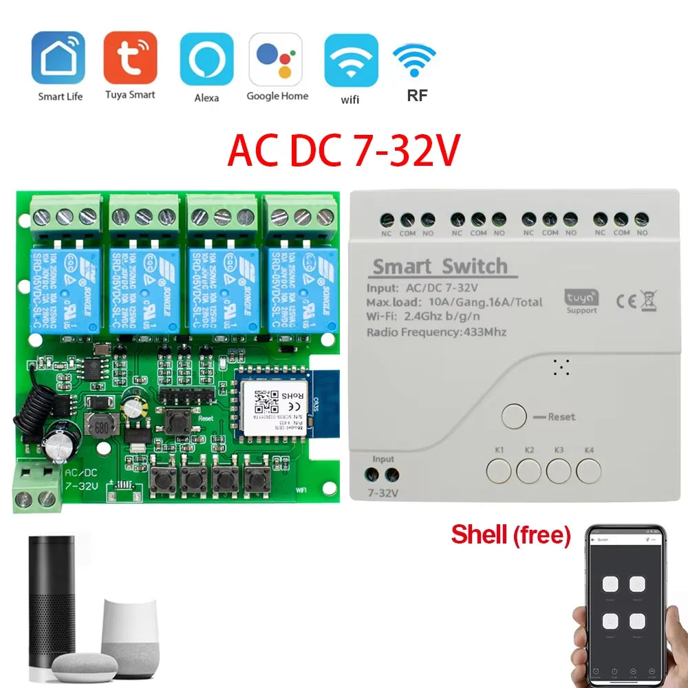 4-Channel WiFi Smart Relay Switch RF433 — AC/DC 7-32V & AC 85-250V Garage Door & Motor Controller