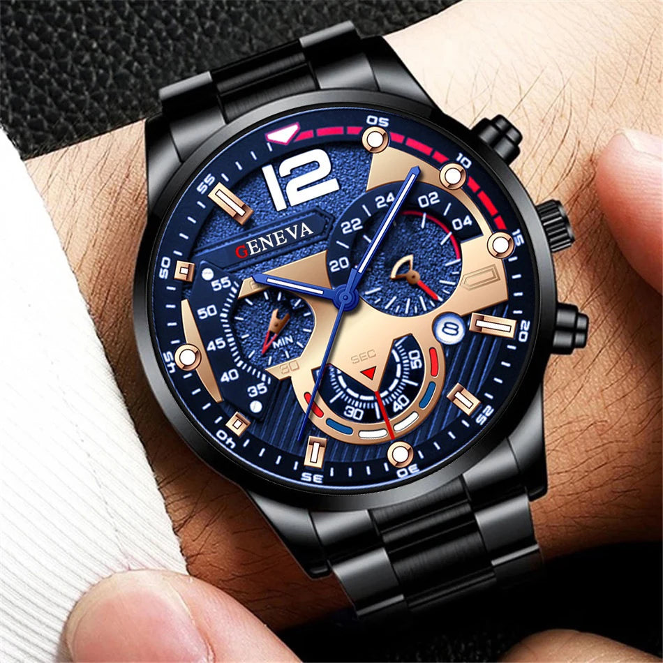 Men's Stainless Steel Analog Quartz Watch with Calendar - 42mm Case, Folding Clasp