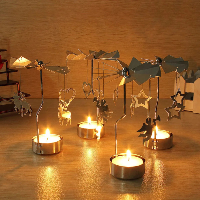 Silver Rotating Tea Light Candle Holder Christmas Carousel Centerpiece 130 x 80 mm (5.12 x 3.15 in)