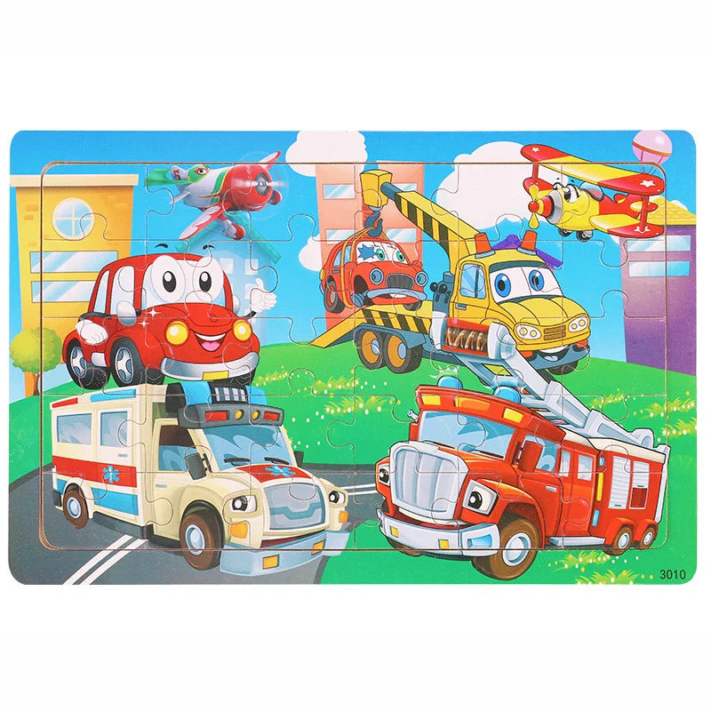 30-Piece Wooden Jigsaw Puzzle for Kids, Cartoon Animals & Vehicles, Early Learning Toy