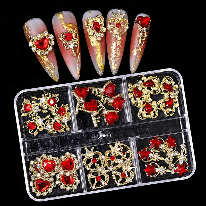6-Grid Nail Rhinestone Kit – Saturn, Planet & Cross Crystal Nail Charms for Nail Art