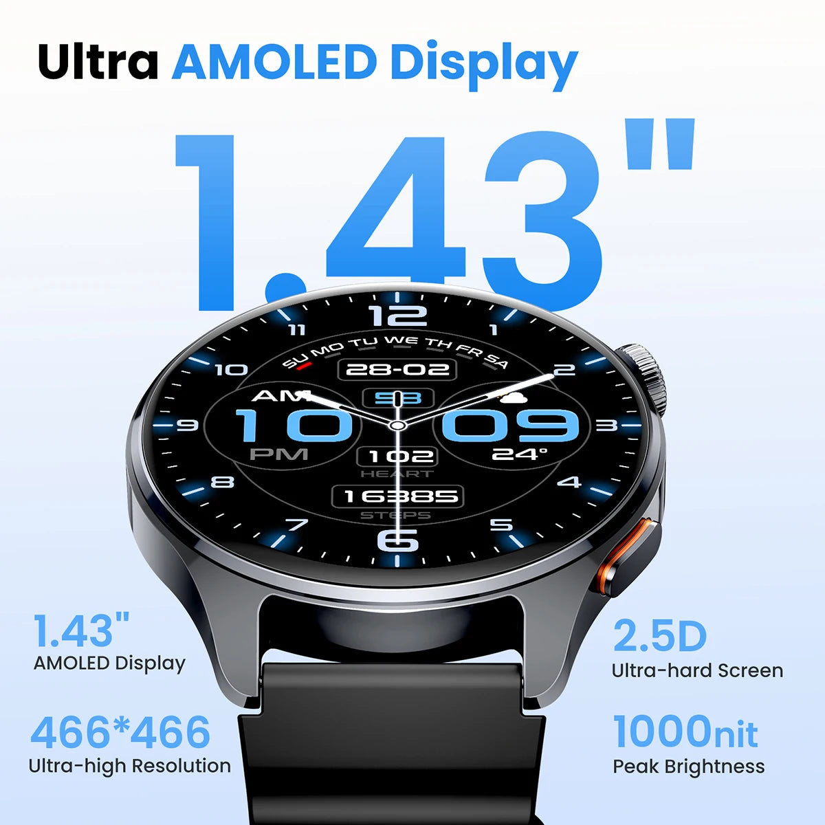 1.43-inch (36.3 mm) AMOLED GPS Smartwatch — 120+ Workout Modes, Bluetooth Calling & 18-Day Battery