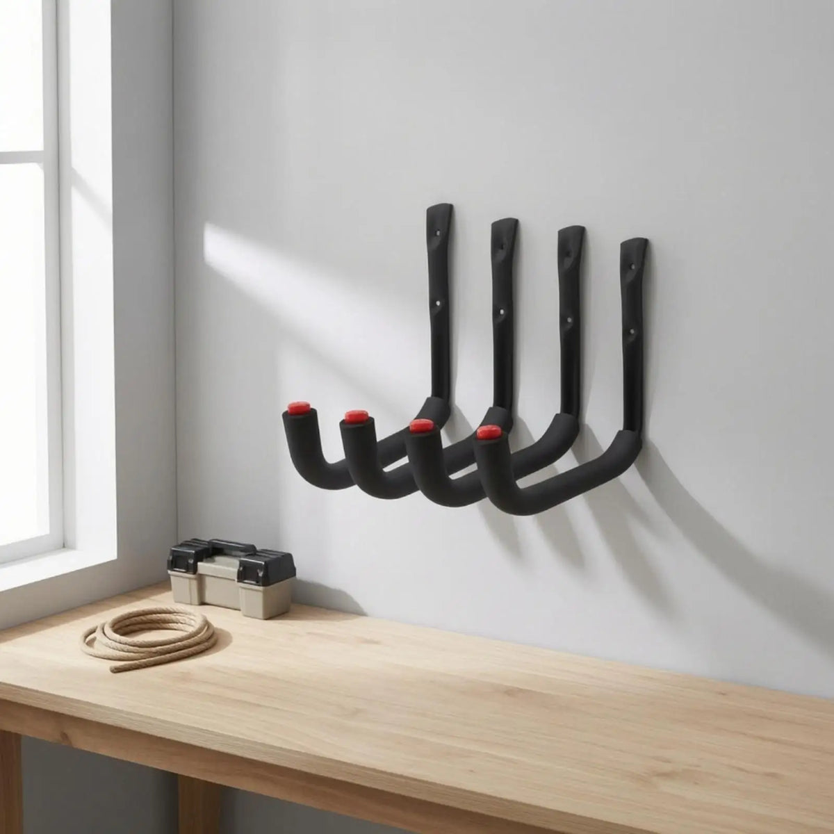 Heavy Duty Black Metal Wall Hook Wall-Mounted Garage Ladder, Tool & Cable Hanger with Cushioned Tip and Mounting Hardware