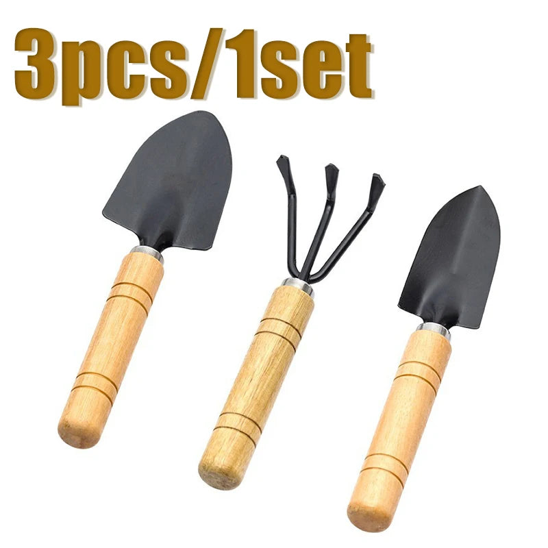 3-Piece Mini Gardening Tools Set - Portable Trowel, Rake and Harrow with Wooden Handles for Indoor Plants and Soil Loosening