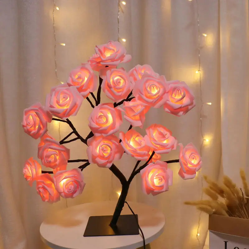 24 LED USB Rose Tree Table Lamp Fairy Flower Night Light for Home Wedding Party Bedroom Gift