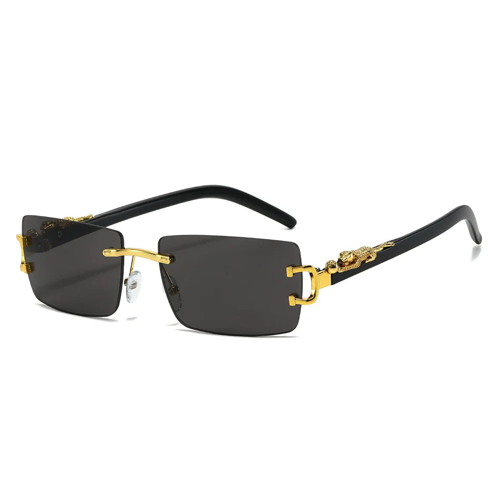 Rimless Rectangular Sunglasses with Cheetah Accent, UV400 Sun Protection, Unisex