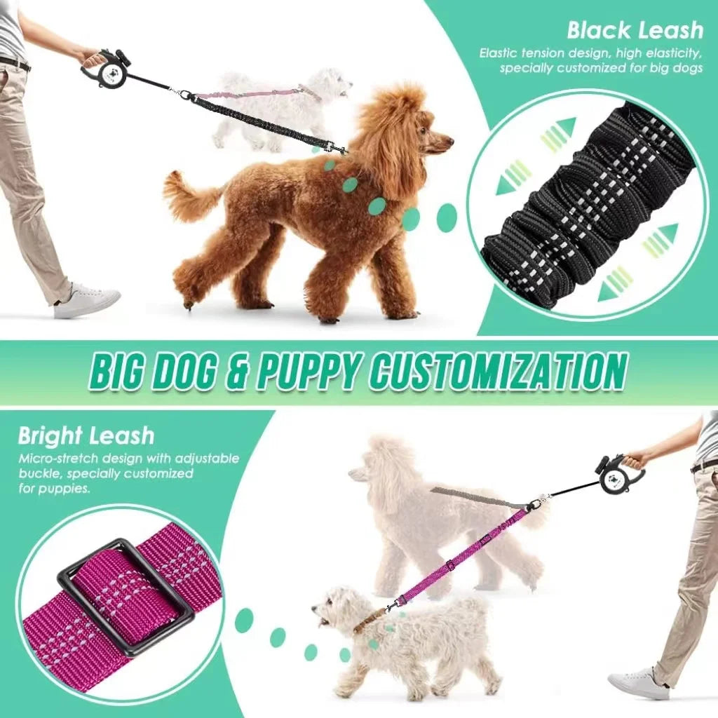 Adjustable Dual Dog Leash Coupler – No-Tangle Shock-Absorbing Bungee Splitter for Two Dogs (16.5–22.4 in / 42–60 cm, Elastic to 31.5 in / 80 cm)