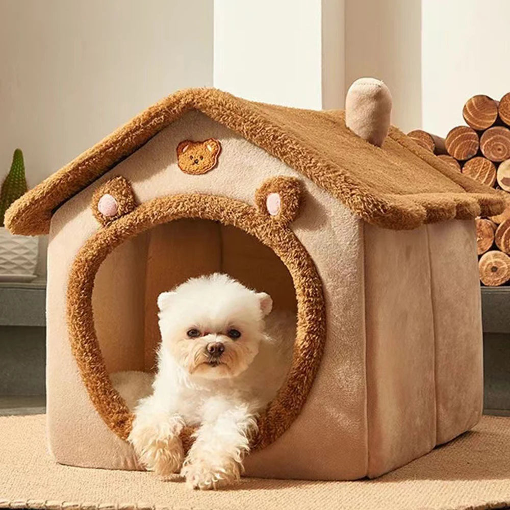Teddy Bear Plush Enclosed Pet Bed – Cozy Cat & Small Dog Nest, Brown