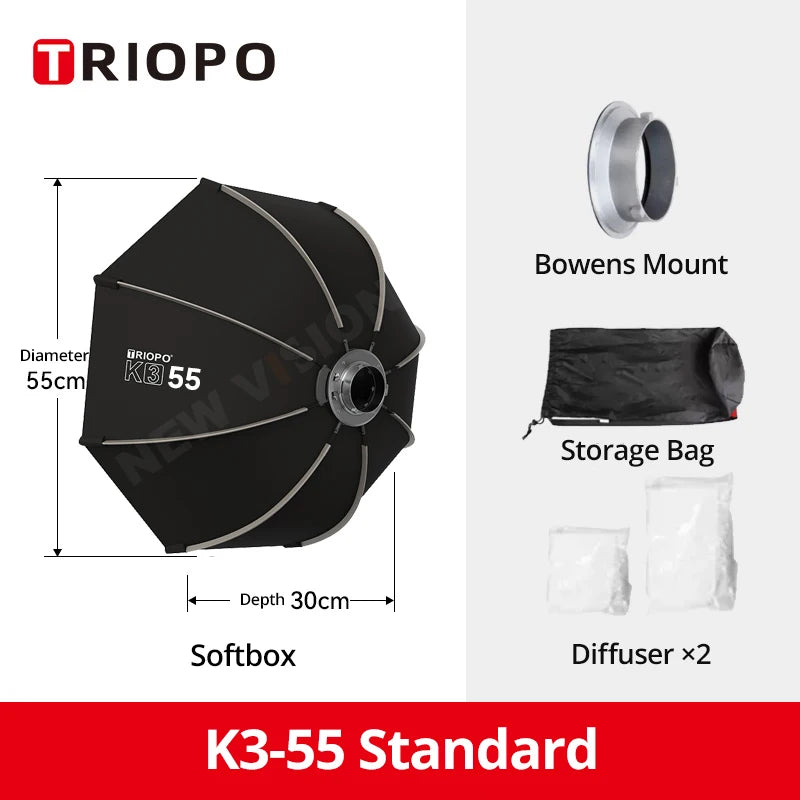 Quick-Setup Octagon Softbox with Bowens Mount — 55/65/90/120cm (21.7/25.6/35.4/47.2 in) for Studio LED Video Lights