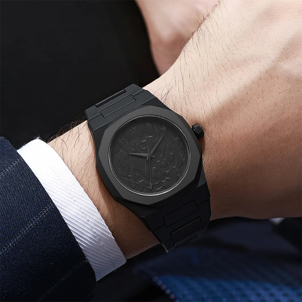 Men's Minimalist Black 38mm Quartz Watch, Large Dial with Polycarbonate Strap & Butterfly Clasp, 3ATM Water-Resistant