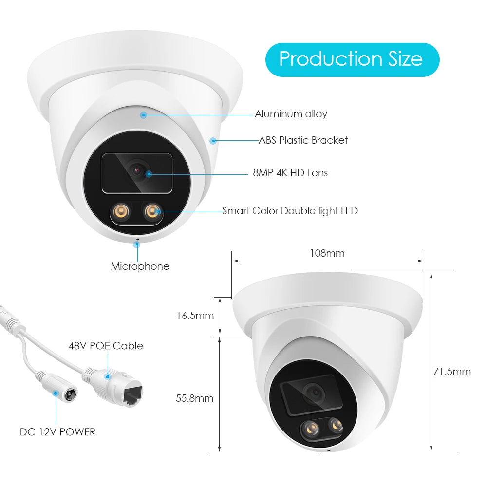 4K 8MP PoE IP Dome Camera with Audio H.265 ONVIF 2.8mm Wide Angle Color Night Vision IP67