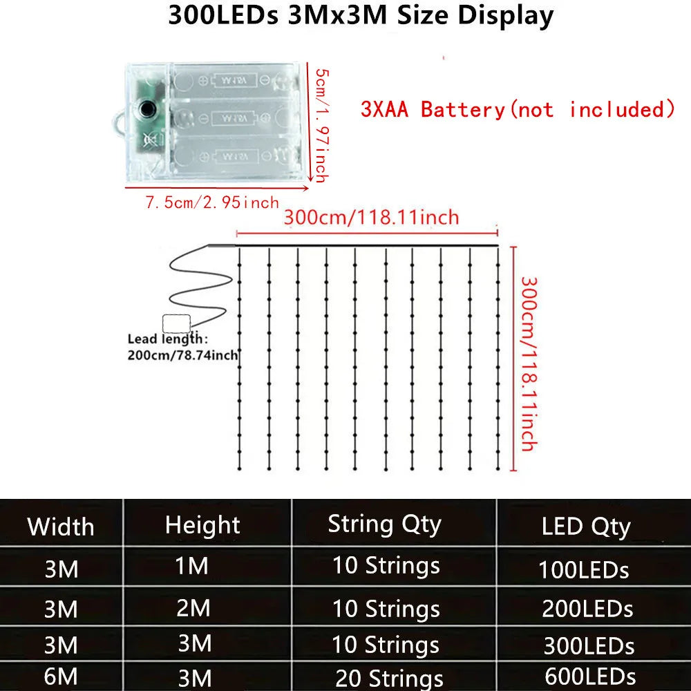LED Curtain Fairy String Lights - Battery Powered 8-Mode Holiday & Christmas Decor, 100–600 LEDs, Sizes 3×1–6×3 m (9.8×3.3–19.7×9.8 ft)