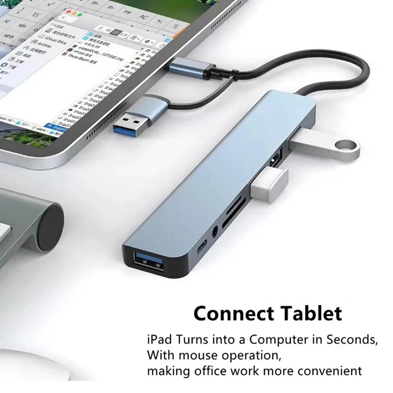 USB-C Hub 8-in-1 USB Splitter with SD/TF Card Reader, 3x USB Ports, USB-C & 3.5mm Audio — 15cm (5.9in) Cable, Compatible with MacBook & Laptops