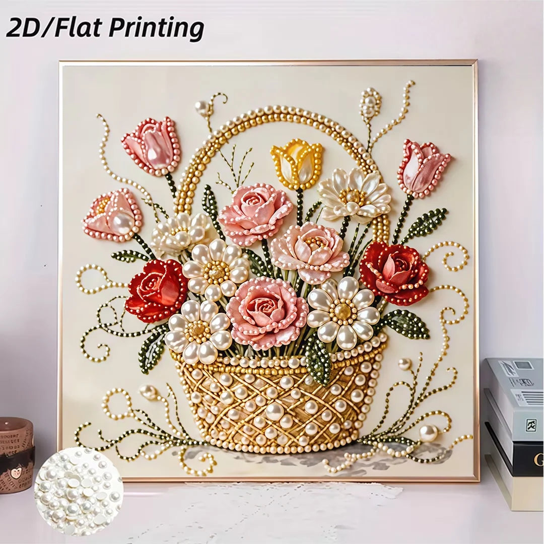Pearl Flower Diamond Painting Kit, Frameless Partial Drill, Round Resin Beads, 1 Set
