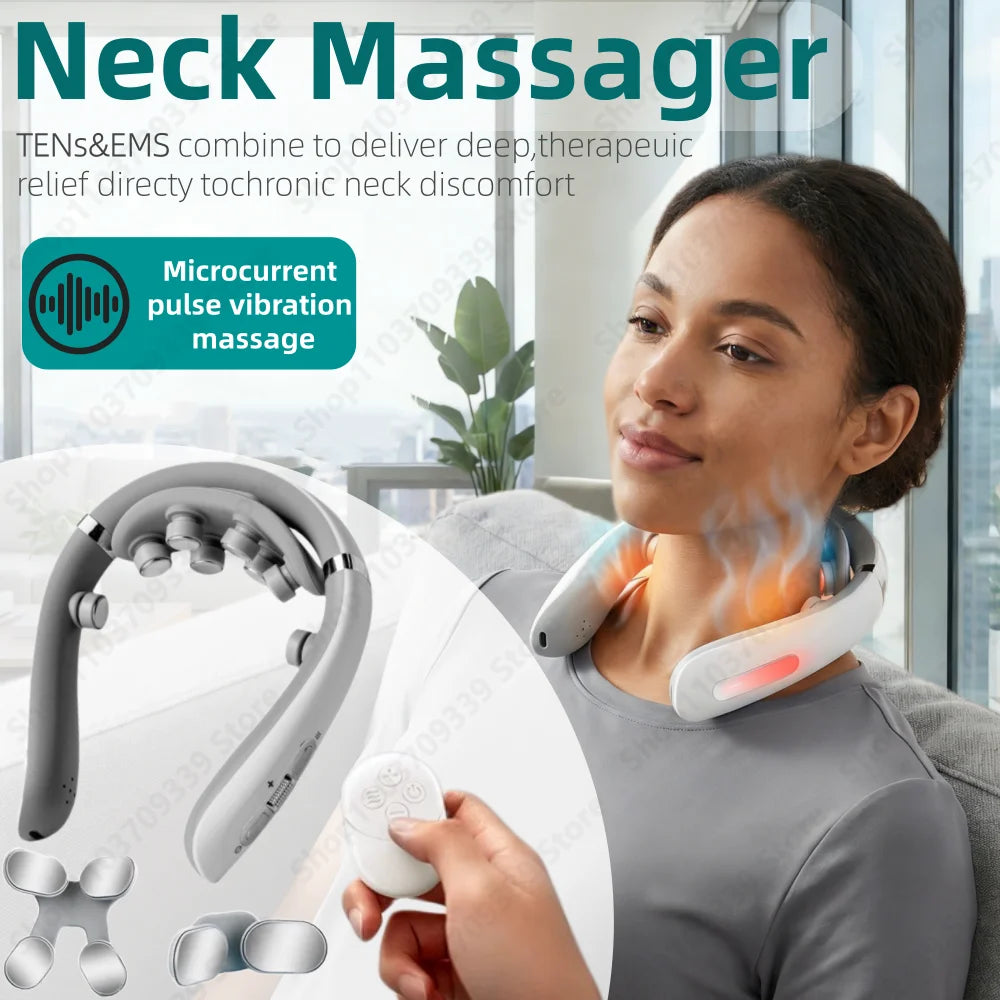 Wireless Neck Massager with Microcurrent — Multi-Head Replaceable Shiatsu Kneading, Heat & Vibration for Cervical & Shoulder Relief