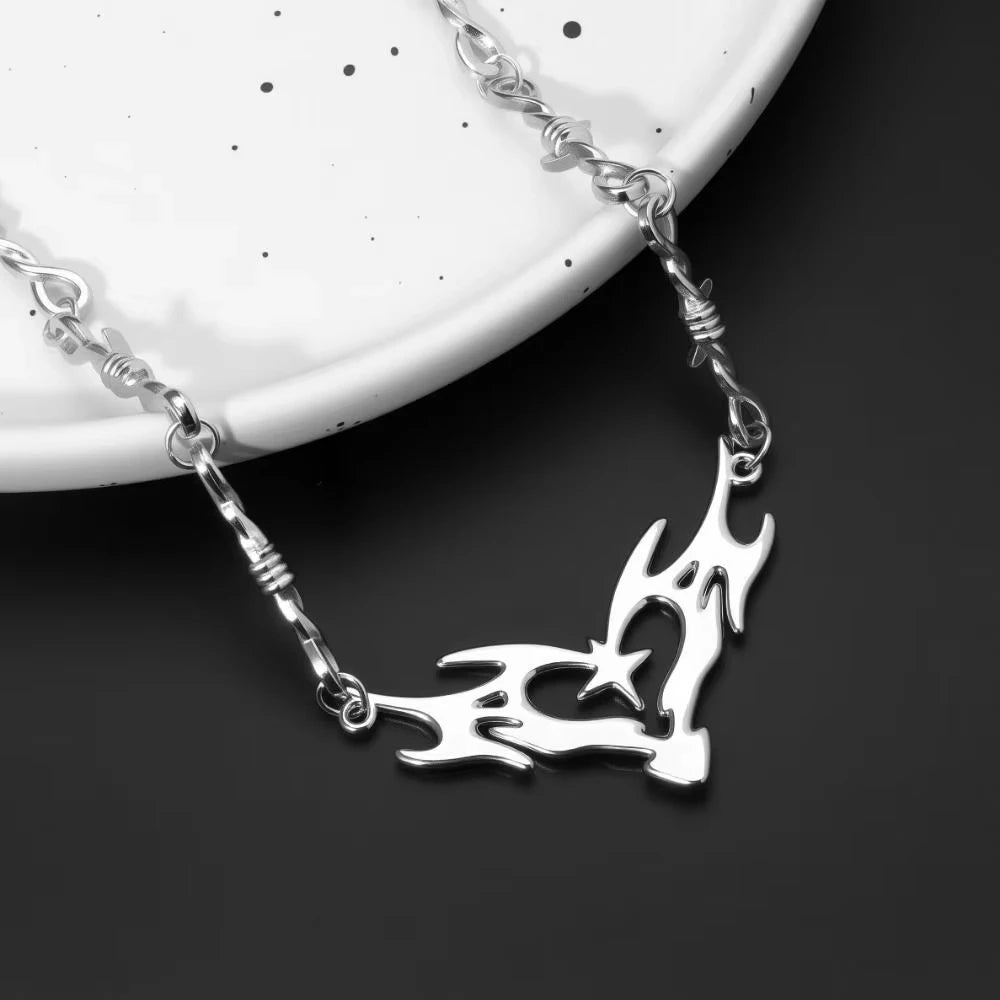 Flame Heart Cross Choker Necklace – Punk Gothic Barbed Wire Thorns Charm (Unisex, Y2K)