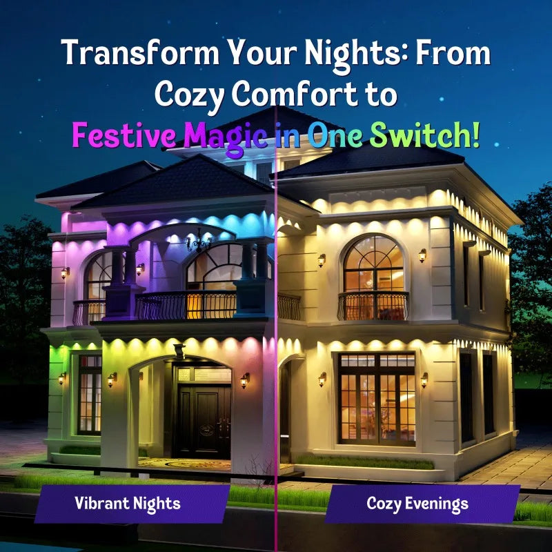 FanzyMarket Smart RGBIC LED string lights showing colorful illumination on outdoor eaves with remote and app control.