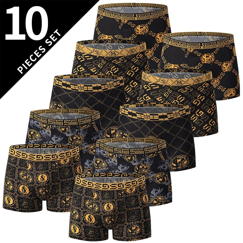 5/10-Pack Men's Black and Gold Printed Boxer Briefs - Comfortable Stretch Underwear for Sports, Beach & Leisure