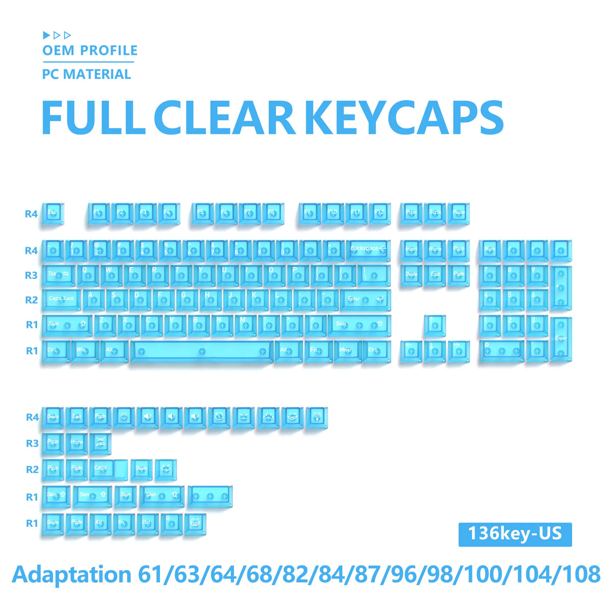 136-Key Transparent Multilingual Keycap Set for Mechanical Keyboards — EN/JP/RU/KR PC Compatible