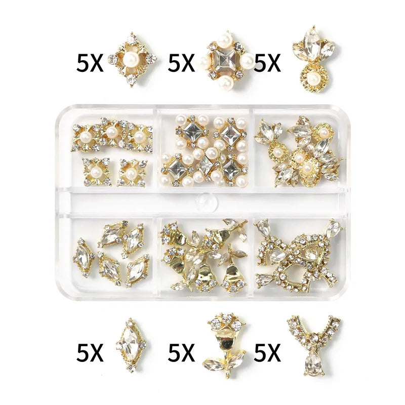 6-Grid Nail Rhinestone Kit – Saturn, Planet & Cross Crystal Nail Charms for Nail Art
