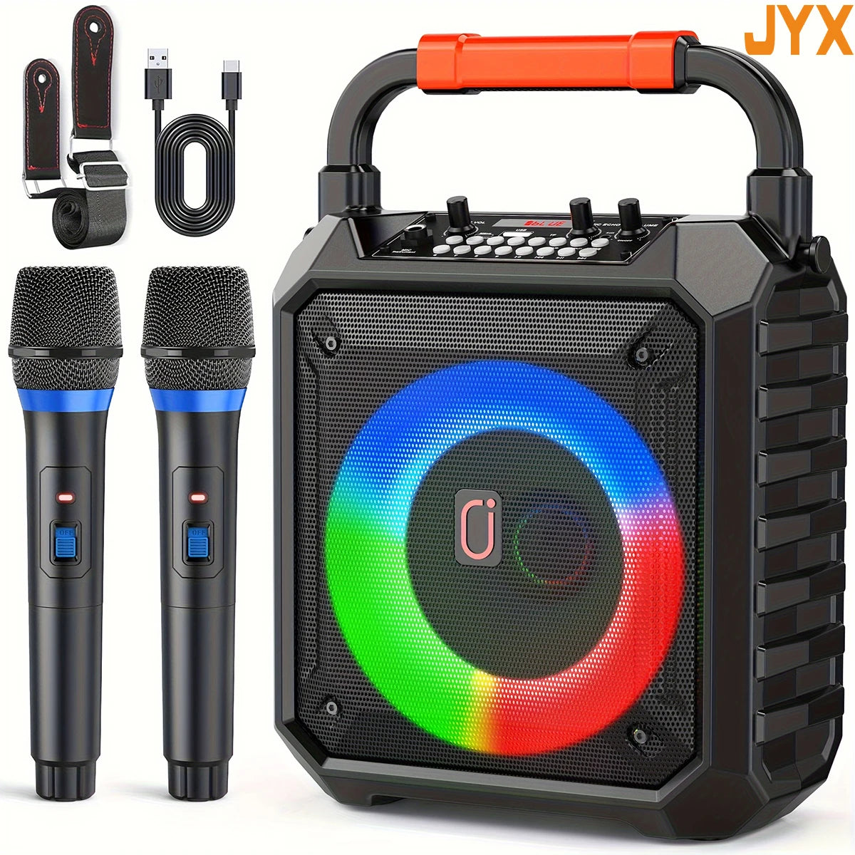 T17 Karaoke Machine with 2 Wireless Microphones - Portable Bluetooth Speaker Home Karaoke System with RGB Lights