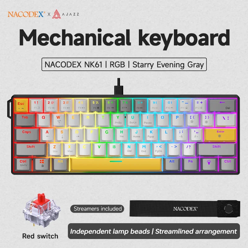 60% Mechanical Gaming Keyboard 61-Key Wired RGB Hot-Swappable Red Switch Mini Keyboard for PC