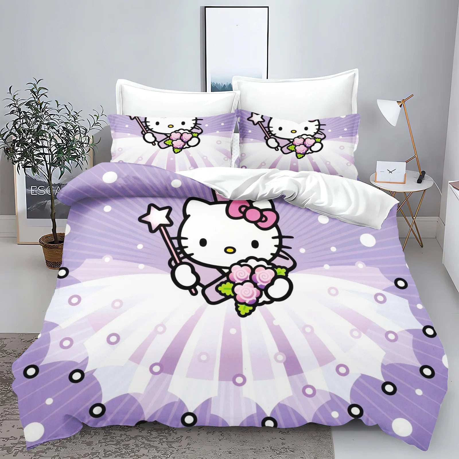 Hello Kitty Kids Bedding Set – 3-Piece Quilt Cover & 2 Pillowcases, 100% Polyester, Printed Cartoon, Multiple Sizes (Twin to King)