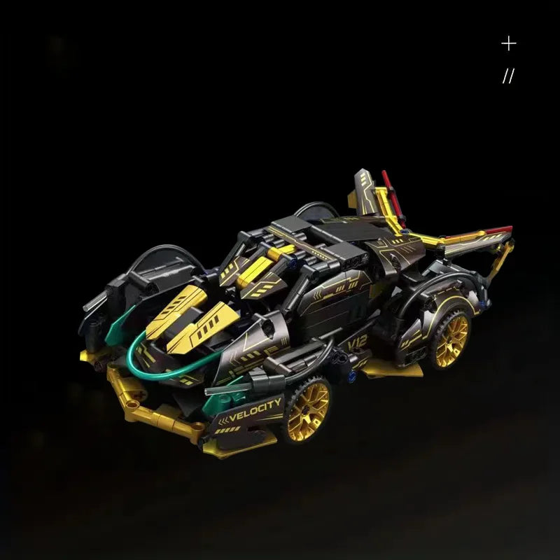 V12 Micro Building Block Racing Car Model – Black & Gold Desktop Collectible, Birthday Gift