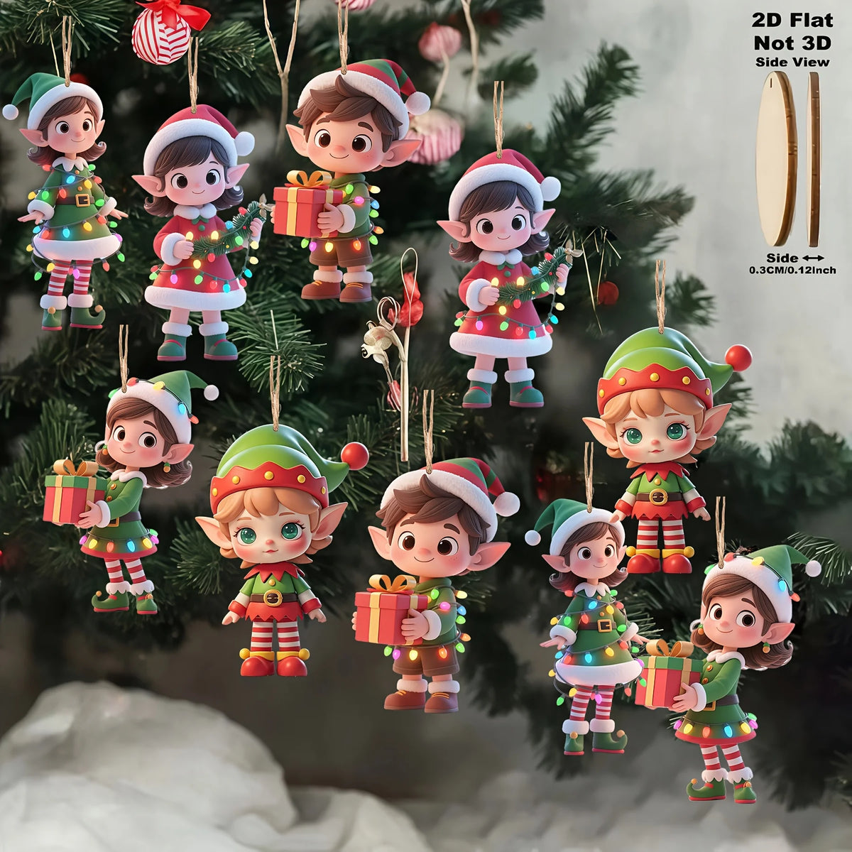 10-Pack Wooden Elf Ornaments - 2D Hanging Christmas Tree Decorations, Flat Elf Holding Gift Pendants for Holiday Party & Home Décor