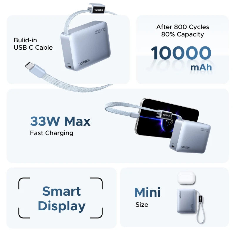 Mini 33W 10000mAh Power Bank with Built-in USB-C Cable — PD 30W Fast Charge Portable External Battery (Flight-Friendly, LED Display)