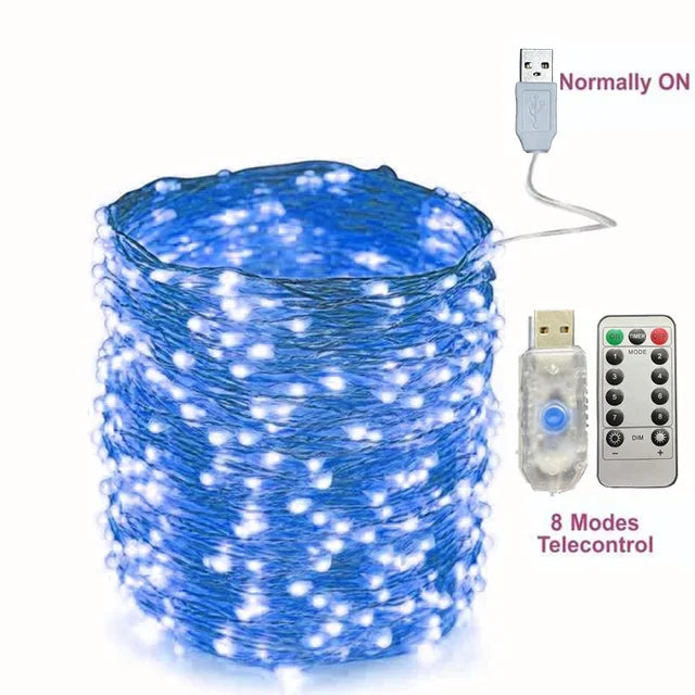 USB Fairy LED String Lights — 1/2/5/10/20/30M (3.3–98.4 ft) Silver Wire, 8 Modes & Remote, Multicolor