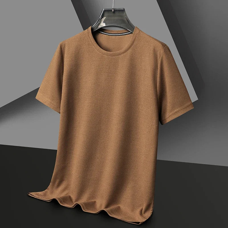 Men's Summer Waffle Knit Short Sleeve T-Shirt Round Neck Casual Breathable Tee